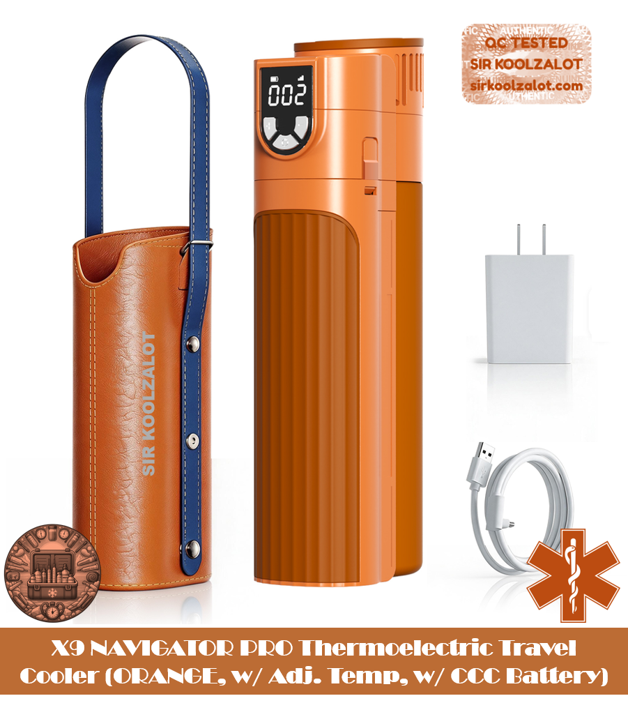 X9 NAVIGATOR PRO Thermoelectric Travel Cooler (ORANGE, w/ Adj. Temp, w/ CCC Battery)